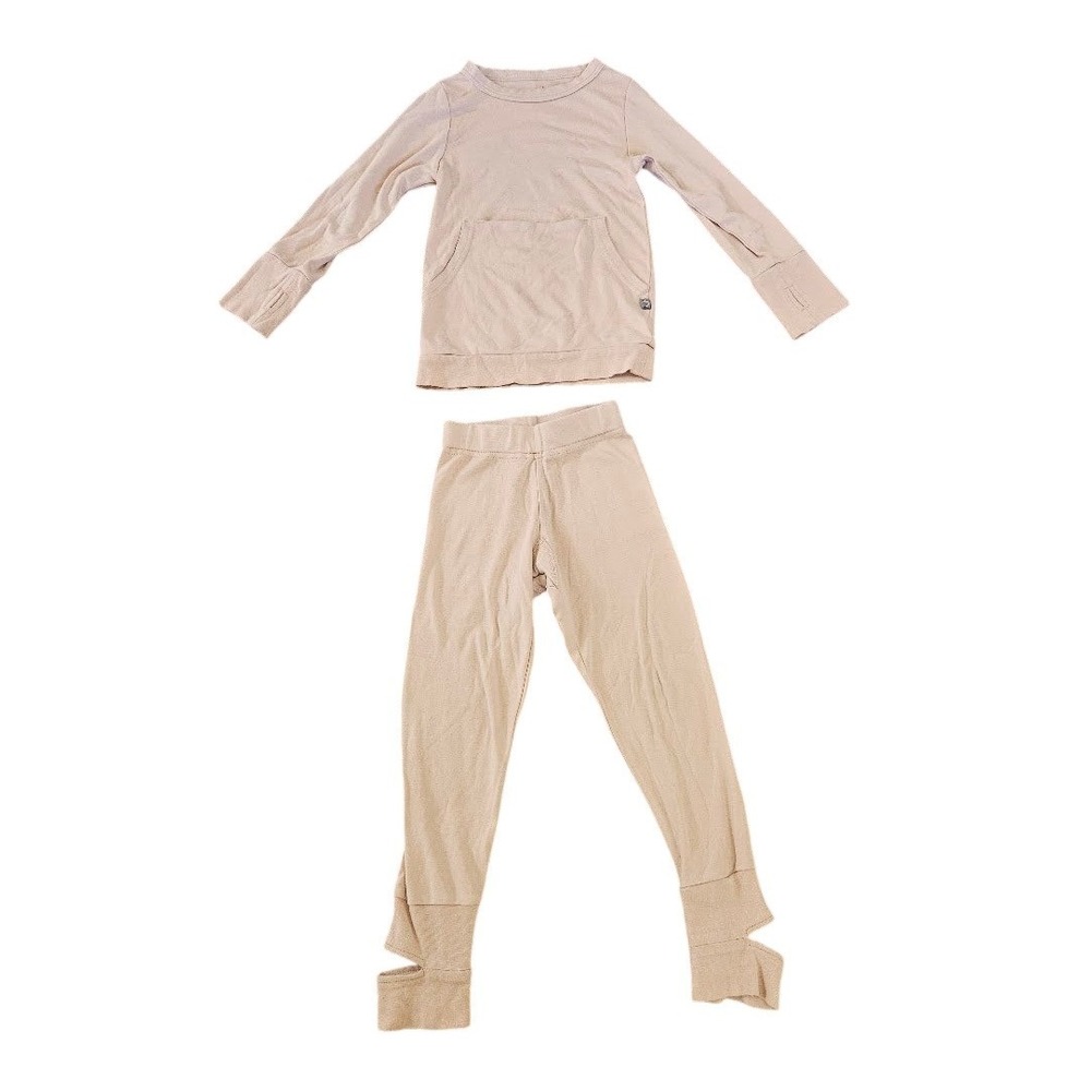 Goumi Kids 4T Bamboo Organic Cotton Lounge Pajama Set Tan Mauve 2 Piece Pocket
